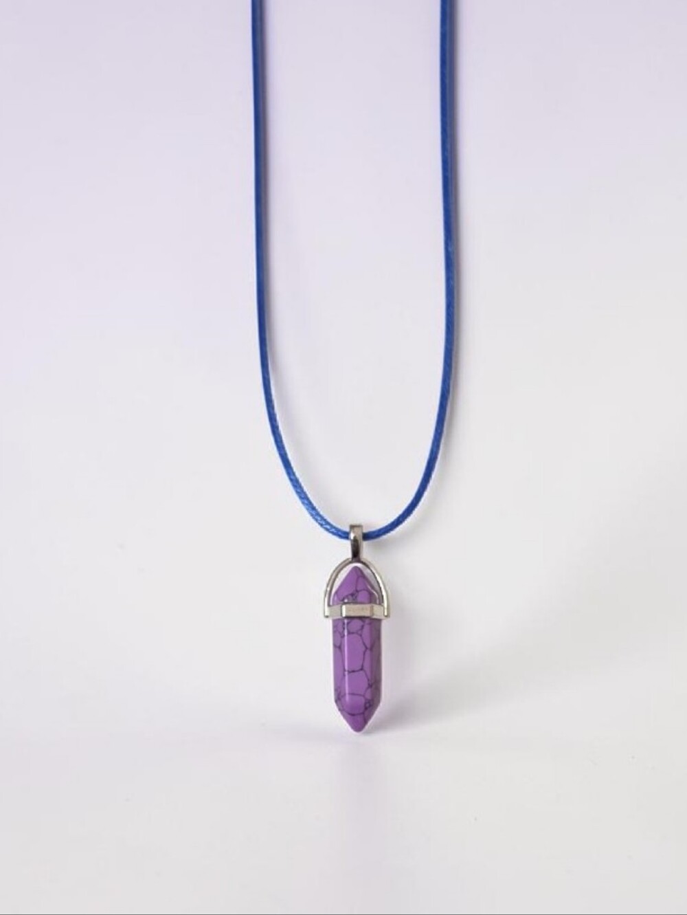 Purple Howlite Hexagonal Chakra Calming  Crystal Point Necklace on Blue Cord
